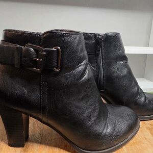 Women's Black Leather Ankle Heeled Boots with Buckle Strap